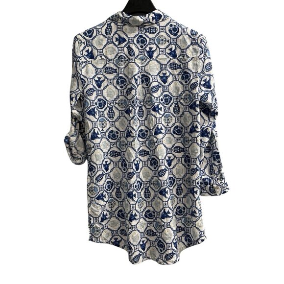 Isaac Mizrahi New York Top Womens M Blue Fish Print Linen Blend Button Shirt - Picture 2 of 8